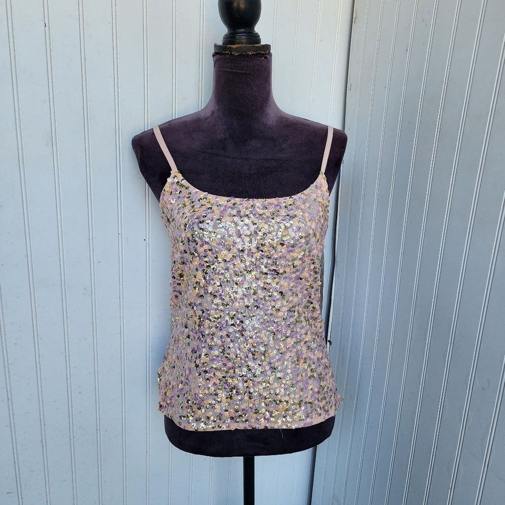 NWT $88 Reba McEntire Blush Pink Peach Sequin Tank Top Stretch Side Zip Sz M